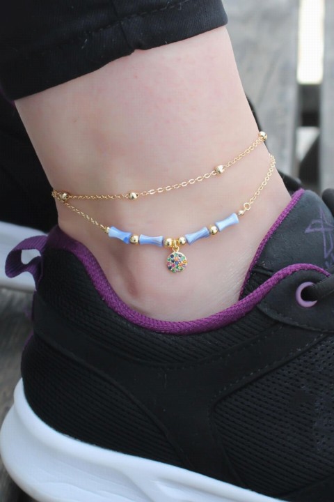 Anklet - Minimal Colored Zircon Stone Oval Detail Blue Stone Double Chain Anklet 100320031 - Turkey