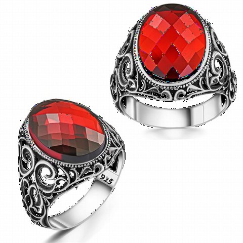 Zircon Stone Rings - Ottoman Patterned Red Zircon Stone Silver Ring 100350241 - Turkey