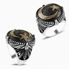Moon Star Rings - Tumbled Moon Star Embroidered Silver Ring 100346820 - Turkey