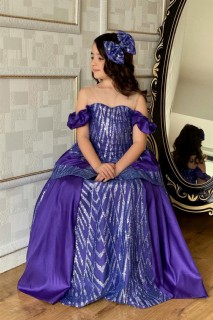 Girl Clothing - Violettes Abendkleid mit Kragen, transparent und pflaumenfarbenen Details 100328296 - Turkey