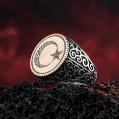 Moon Star Rings - Moon Star Inside Word-i Tawhid Pen Motif Silver Ring 100346776 - Turkey