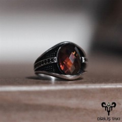 Red Zircon Stone Black Motif Sterling Silver Ring 100347658