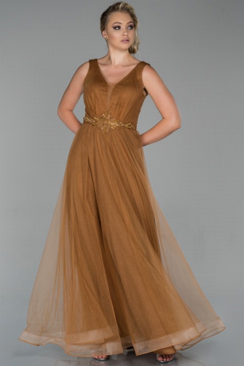 Woman Clothing - Evening Dress Sleeveless Waist Glittery Tulle Long Evening Dress 100297425 - Turkey