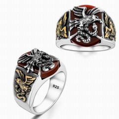 Animal Rings - Eagle and Snake Model Red Stone Silver Ring 100346385 - Turkey