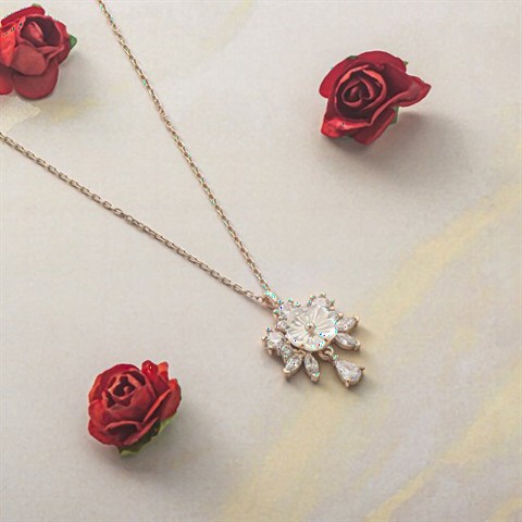 Necklaces - Snowdrop Flower Clover Embroidered Silver Necklace 100349784 - Turkey