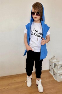 Boy Clothing - Boys Stronger Printed Zipper Detailed Hooded Vest Blue Tracksuit Suit 100328432 - Turkey