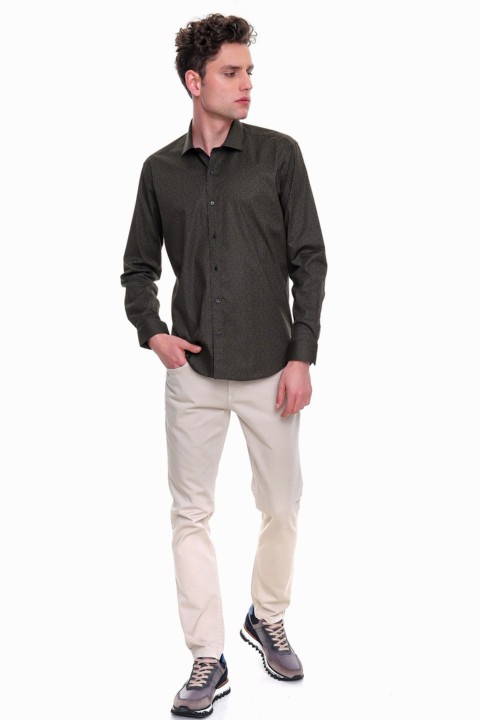 Men's Green Cotton Slim Fit Slim Fit Jacquard Patterned Italian Collar Long Sleeve Shirt 100351201