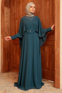 Wedding & Evening - Pertol Blue Hijab Evening Dress 100339586 - Turkey