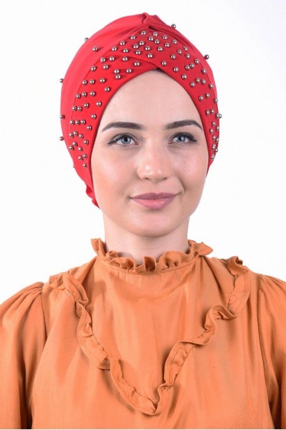 Woman Bonnet & Turban - Pearl Pool Cap Red 100284948 - Turkey