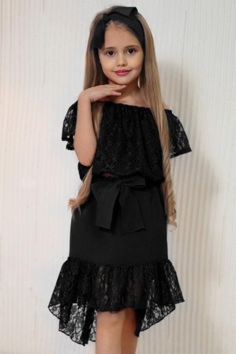 Girls' Lace Embroidered Off-the-Shoulder and Waist Tie Black Skirt Suit 100327290