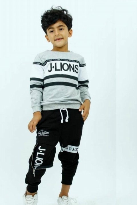Boys Zipper Detailed Striped Gray Tracksuit 100326900