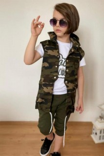 Boy's Back Chain Detailed Front Snap Button and Hooded Camouflage-Green Tracksuit 100328722