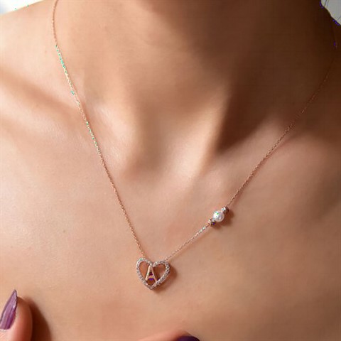 Heart Pearl Detailed Silver Necklace with Initials 100350068