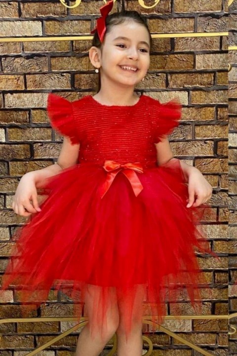Evening Dress - Girl's Shoulder Tulle Fluffy Red Evening Dress 100326797 - Turkey