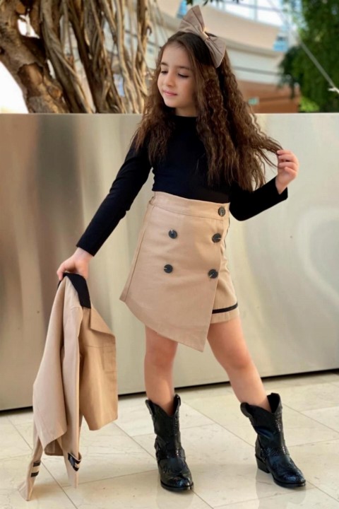 Girls' Striped Beige Envelope Skirt Suit 100326906