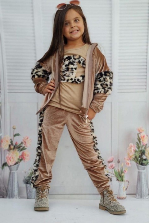 Tracksuits, Sweatshirts - Girl Leopard Patterned Plush Velvet Brown Tracksuit Set 100326851 - Turkey