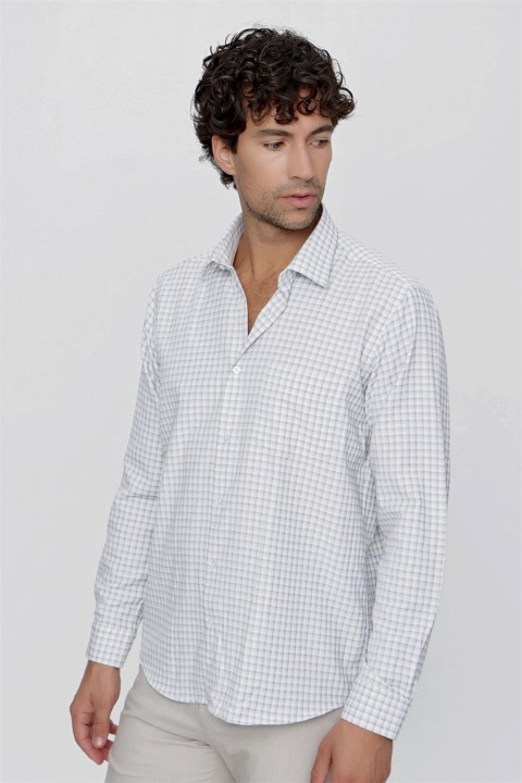 Men's Beige Pearl Plaid Pocket Regular Fit Wide Cut Shirt 100351045