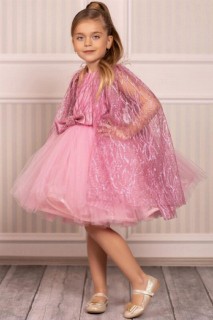Children's Puffy Bead Embroidered Cape Fluffy Pink Evening Dress 100327201