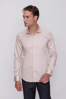 Men's Beige Compact Slim Fit Slim Fit Plain 100% Cotton Satin Shirt 100351325