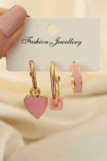 Earrings - Pink Enamel Heart Pattern Earring Set 100319860 - Turkey