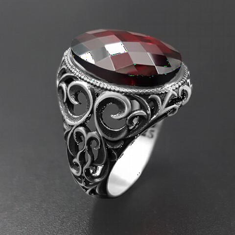 Ottoman Patterned Red Zircon Stone Silver Ring 100350241