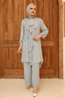Outwear - Grey Hijab Suit Dress 100332916 - Turkey