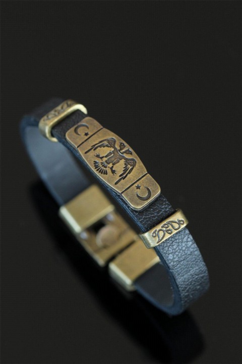 Bracelet - Tumbled Metal Seljuk Crest Navy Blue Leather Men's Bracelet 100327897 - Turkey