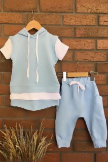 Boy's Short Sleeved Blue Tracksuit Suit with Layered Waist and Hooded 100328400