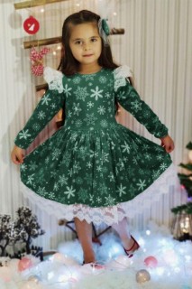 Kids - Girl's Guipure Detailed Snowflake Green Velvet Dress 100327030 - Turkey