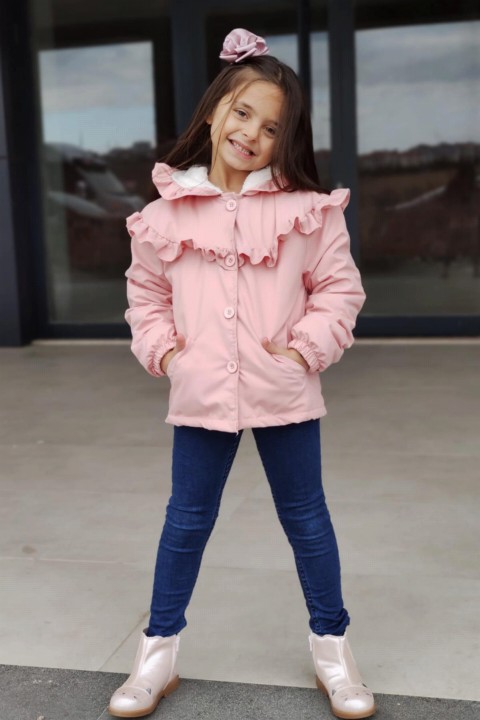 Coat, Trench Coat - Pinker Pelzmantel mit Schwungradkapuze für Mädchen 100327018 - Turkey
