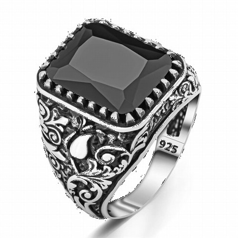 Silver Rings 925 - Flower Pattern Cut Black Zircon Stone Silver Ring 100350360 - Turkey