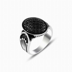 Oval Black Micro Stone King Crown Motif Sterling Silver Ring 100347883