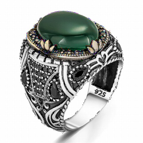 Green Agate Stone Drop Stone Embroidered Silver Ring 100349827