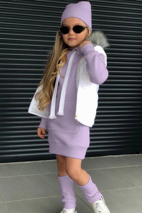 Girl Clothing - Girl's Inflatable Vest Leggings and Beret Hooded Lilac Dress 100327274 - Turkey
