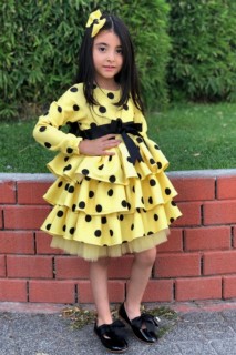Girl's Waist Ribbon Detailed Layered Polka Dot Yellow Evening Dress 100326986