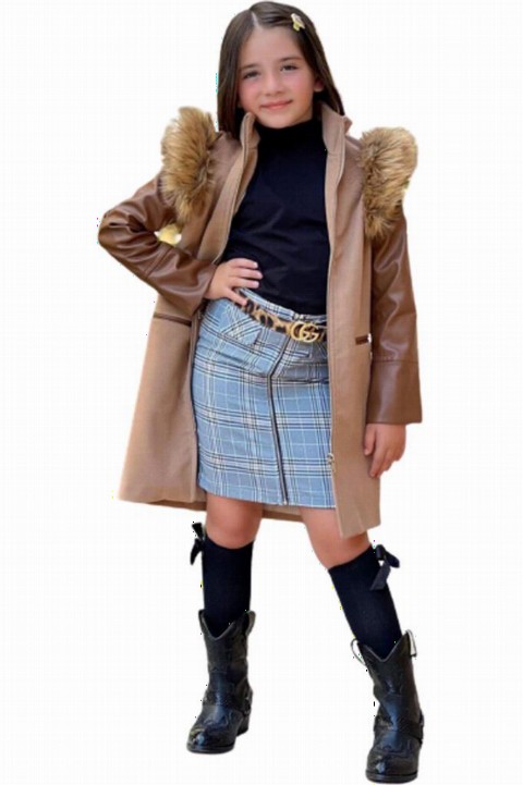 Coat, Trench Coat - Girls' Arm Faux Leather Winter Brown Cachet Coat 100328747 - Turkey