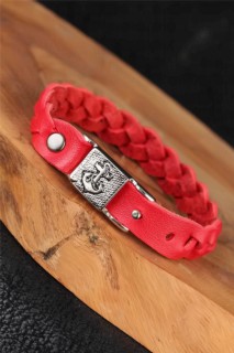 Men - Red Color Knitted Pattern Sea Anchor Accessory Leather Men's Bracelet 100318839 - Turkey