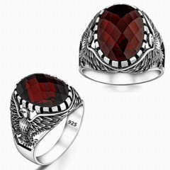 Zircon Stone Rings - Dark Red Zircon Stone Eagle Motif Sterling Silver Ring 100348145 - Turkey