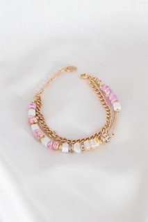 Bracelet - Multiple Pink White Beads Gold Color Women's Bracelet 100327670 - Turkey