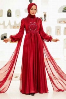Evening & Party Dresses - Claret Red Hijab Evening Dress 100339299 - Turkey