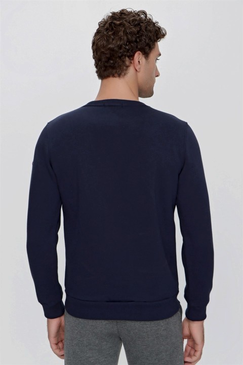 Men's Navy Blue Crew Neck Printed Casual Cut Sweat Shirt 100350918