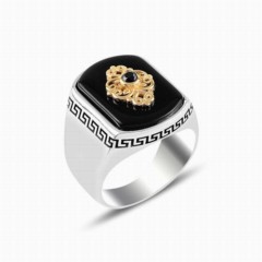 Onyx Stone Embroidered Model Silver Ring 100347840