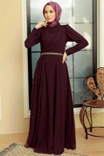 Wedding & Evening - Plum Color Hijab Evening Dress 100341712 - Turkey