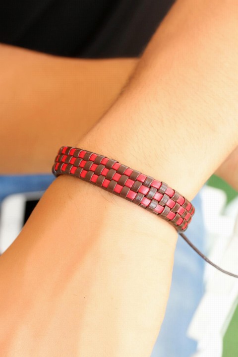 Men Shoes-Bags & Other - Brown Red Checker Pattern Men's Leather Bracelet 100318690 - Turkey