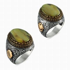 Silver Rings 925 - Yellow Moire Amber Stone Hand Embroidered Sterling Silver Men's Ring 100348192 - Turkey