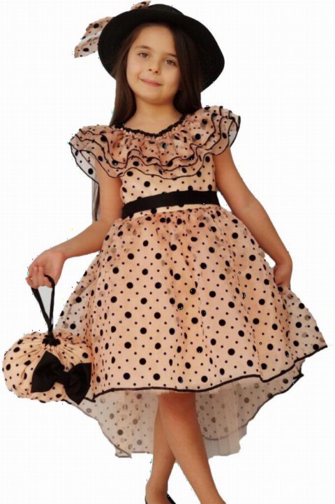 Evening Dress - Girl's Waist, Striped Collar, Flared Bag and Hat Polka Dot Salmon Evening Dress 100327365 - Turkey