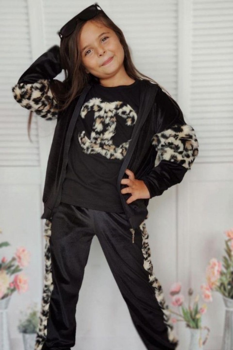 Tracksuits, Sweatshirts - Girl Leopard Patterned Plush Velvet Black Tracksuit Suit 100326849 - Turkey