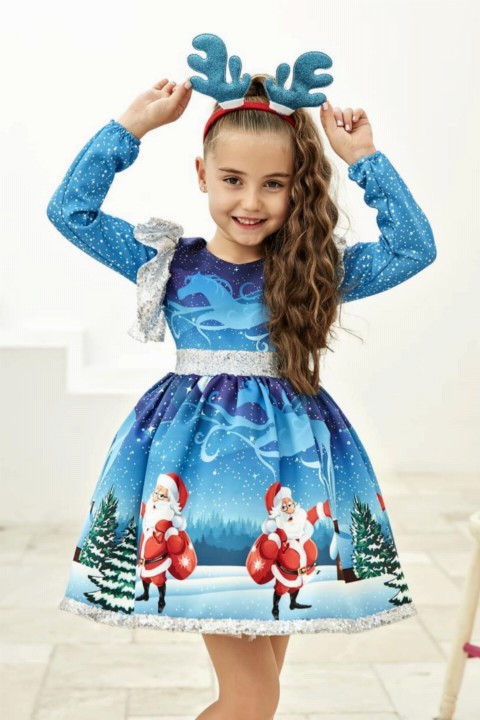 Outwear - Girl's Blue Christmas Dress with Pulp Detail Deer Stone Gift 100327027 - Turkey
