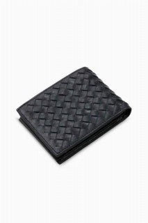 Wallet - Knit Patterned Black Leather Men's Wallet 100345795 - Turkey