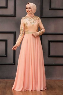 Salmon Pink Hijab Evening Dress 100299307